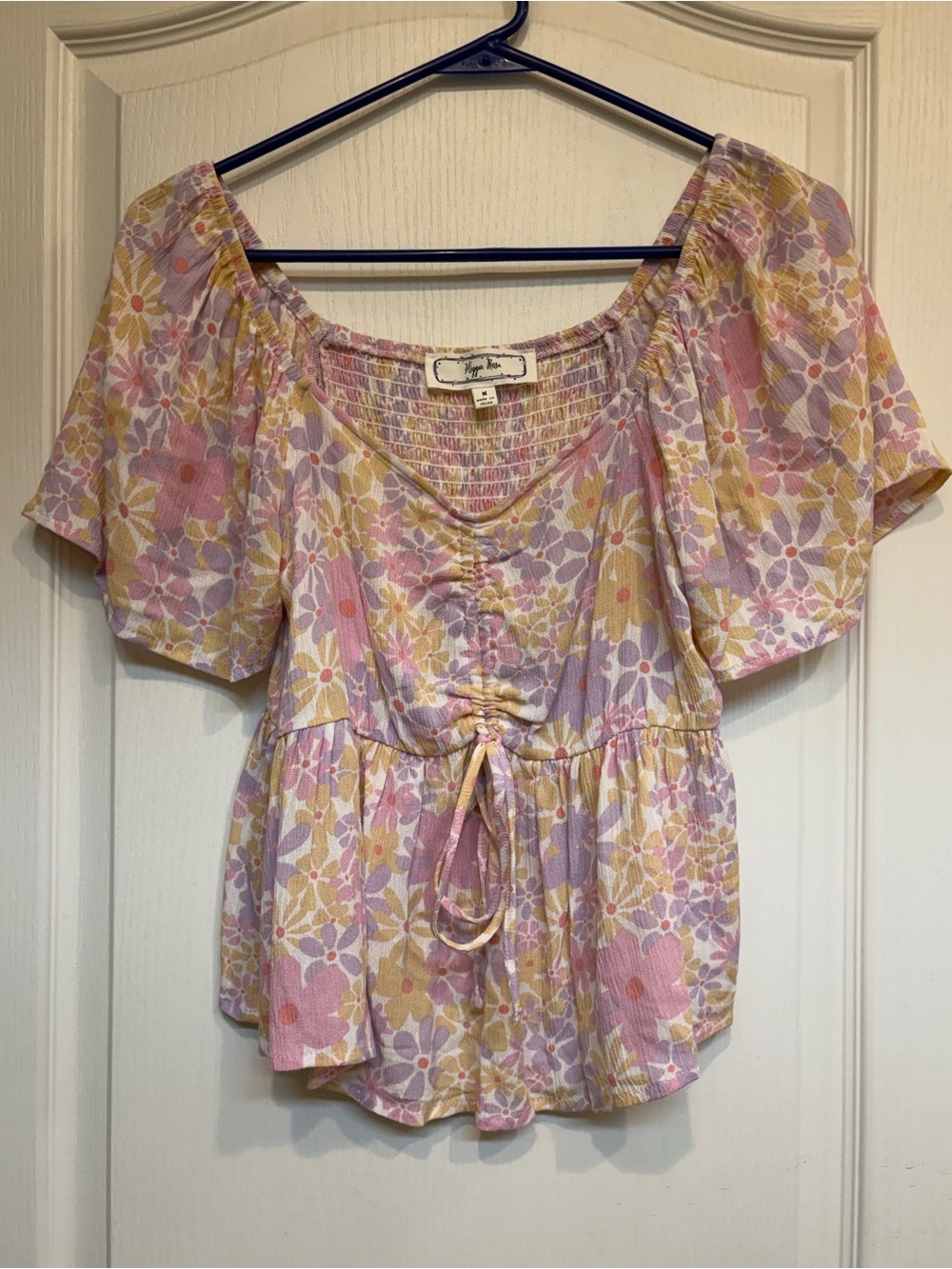 Hippie Rose Pink, Lavender & Yellow Floral Peasant Top